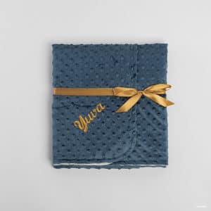 Personalised Navy Toddler Minky Blanket with mustard embroidery