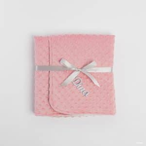 Personalised Dusty Pink Toddler Minky Blanket with grey embroidery