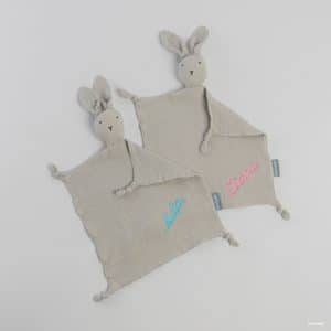 Grey Muslin Bunny with pink(for girls) or blue(for boys) embroidery